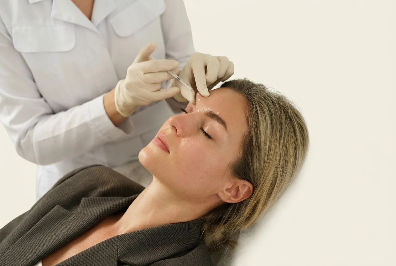 A gloved injector treating the forehead with a fine needle